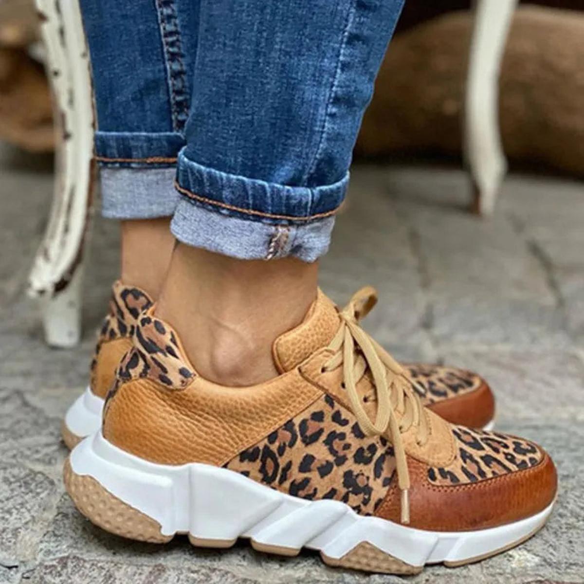 Women's Leopard Print Lace-Up Chunky Sole Sneakers – Color Block Low Top Casual