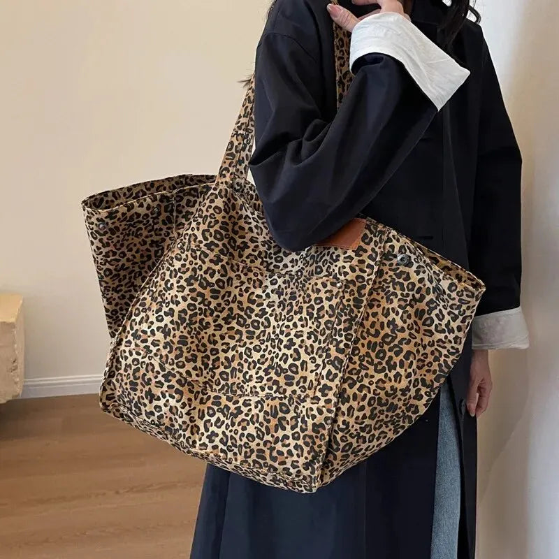Women's Leopard Print Large Shoulder Tote Bag – Snap Side Open Top Casual