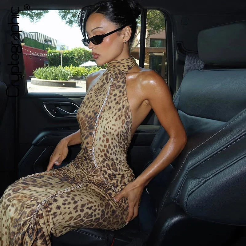 Women's Leopard Print Midi Dress – Halter Neck Backless Wedding Guest