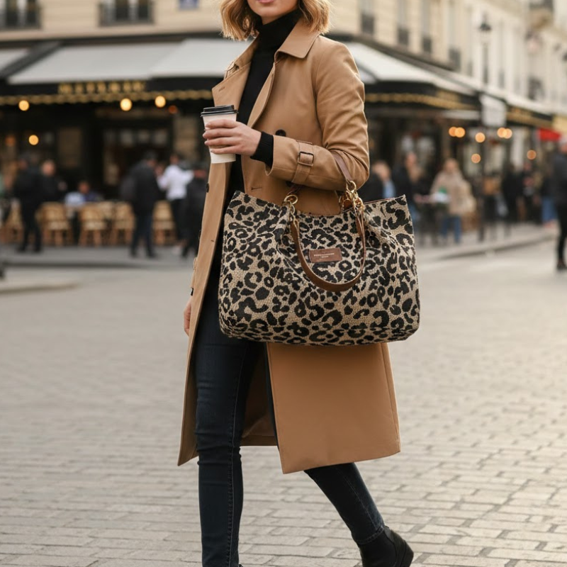 Women's Leopard Print Shoulder Bag – Dual Top Handle Large Work Travel