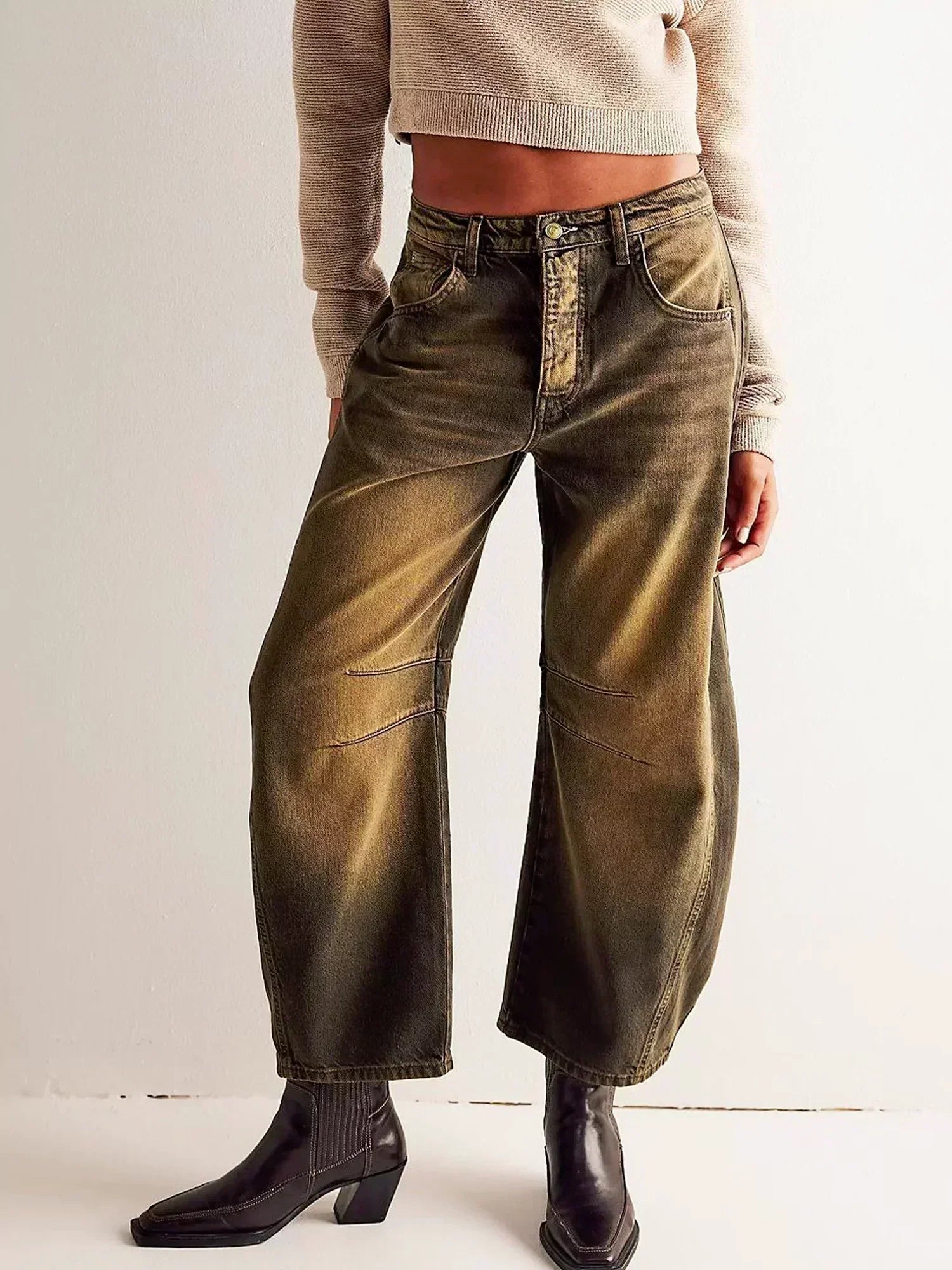 Women's Leopard Print Wide Leg Denim Jeans – High Waist Barrel Fit Casual