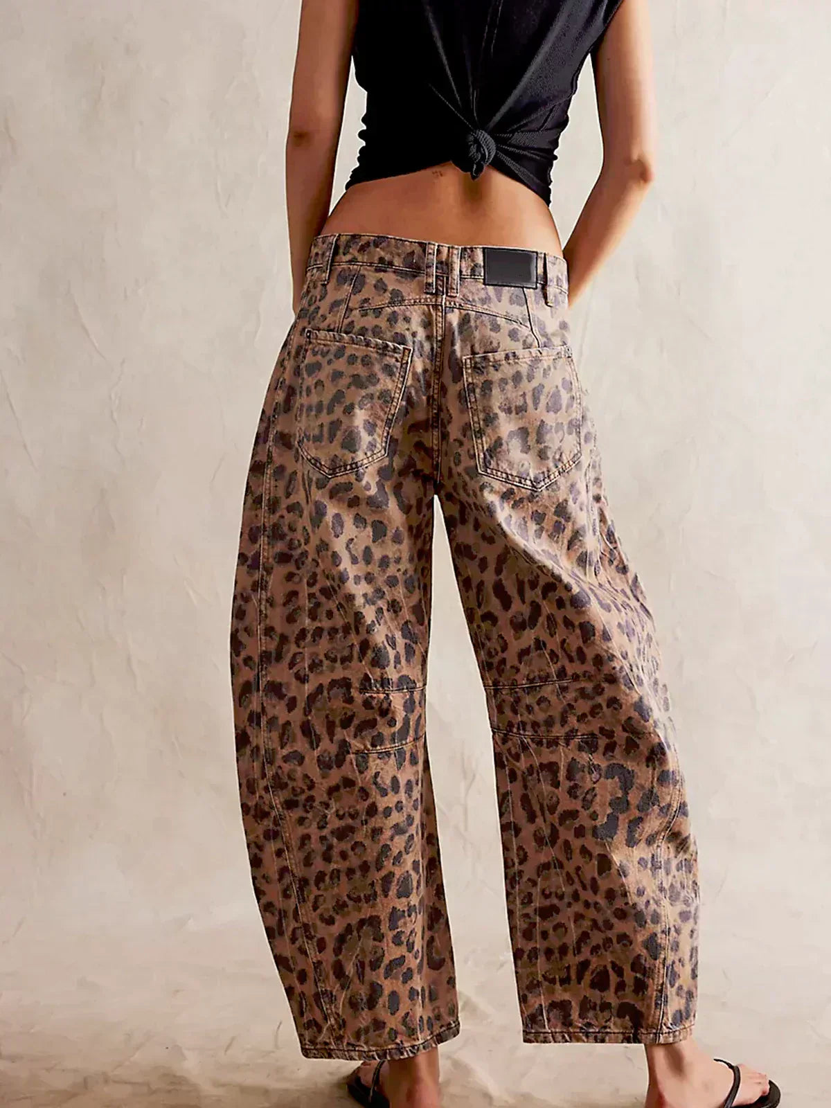 Women's Leopard Print Wide Leg Denim Jeans – High Waist Barrel Fit Casual