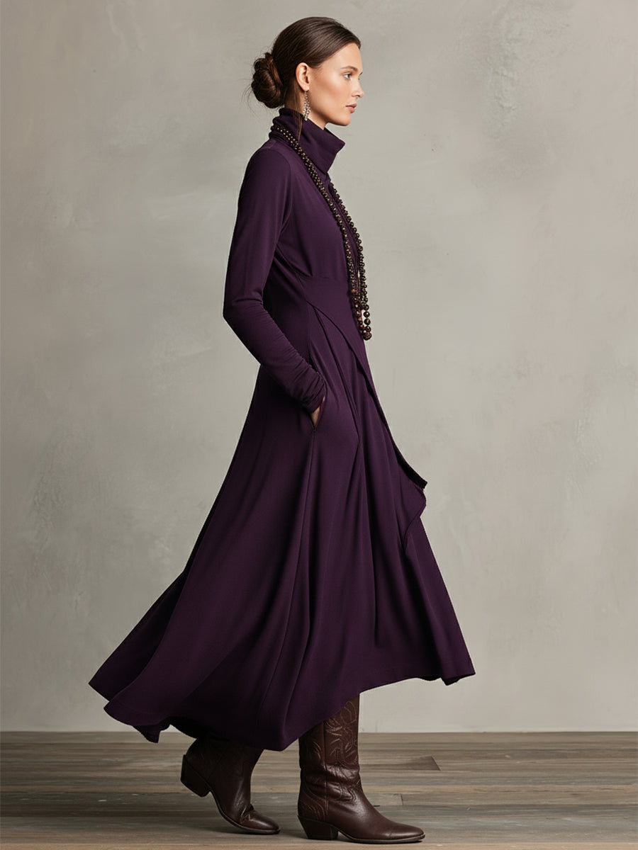 Women's Long Sleeve Turtleneck Wrap Maxi Dress – Asymmetric Hem Draped Pockets