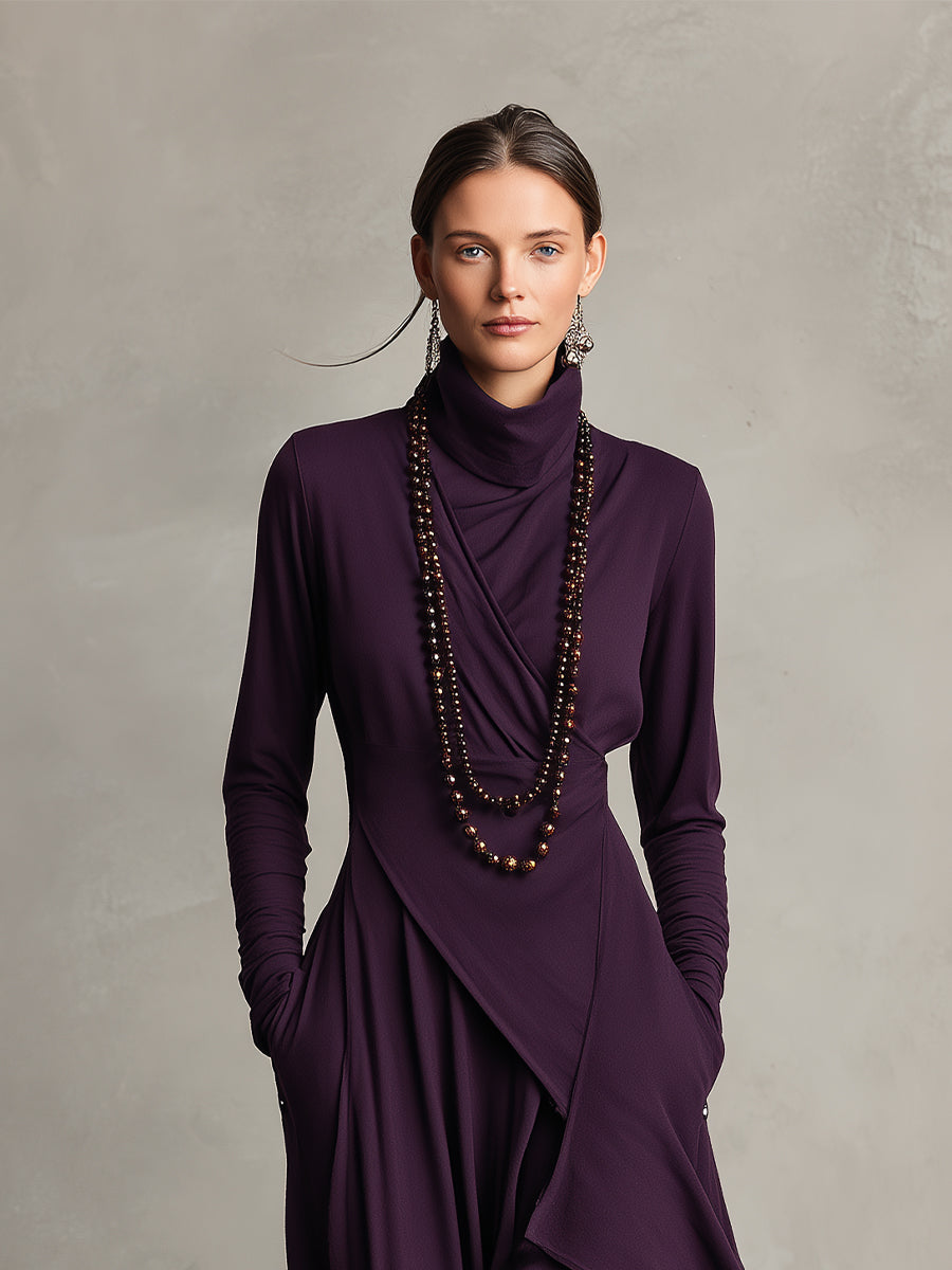 Women's Long Sleeve Turtleneck Wrap Maxi Dress – Asymmetric Hem Draped Pockets
