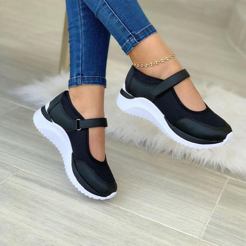 Women's Mary Jane Mesh Sneaker – Hook Loop Strap Chunky Sole Walking Shoe