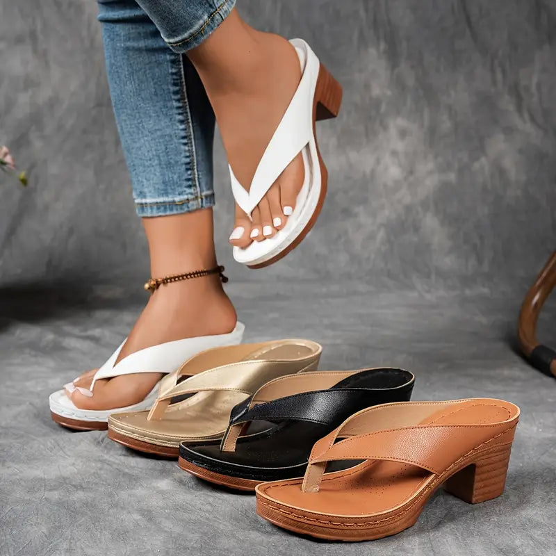Women's Metallic Thong Sandals – Block Heel Flip Flop Perforated Footbed Summer