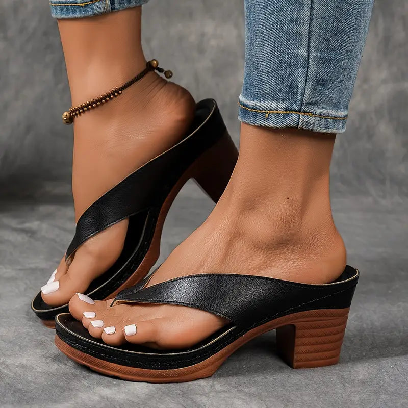 Women's Metallic Thong Sandals – Block Heel Flip Flop Perforated Footbed Summer