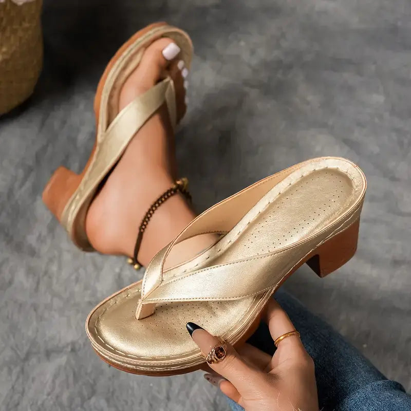 Women's Metallic Thong Sandals – Block Heel Flip Flop Perforated Footbed Summer