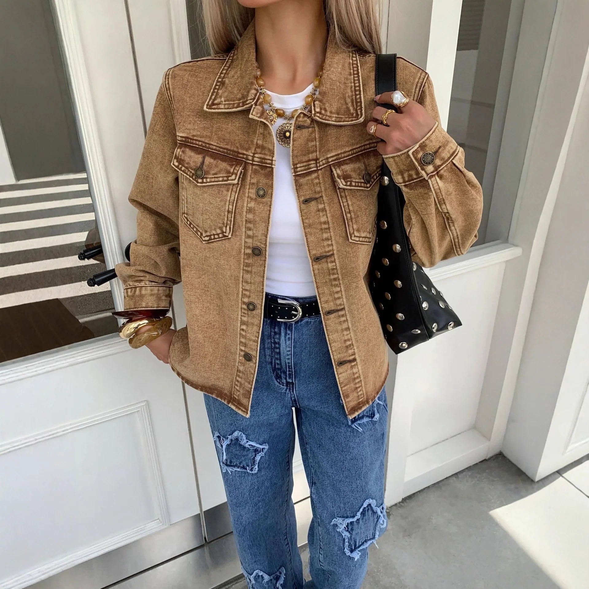Women's Mineral Wash Denim Jacket – Single Breasted Snap Button Casual