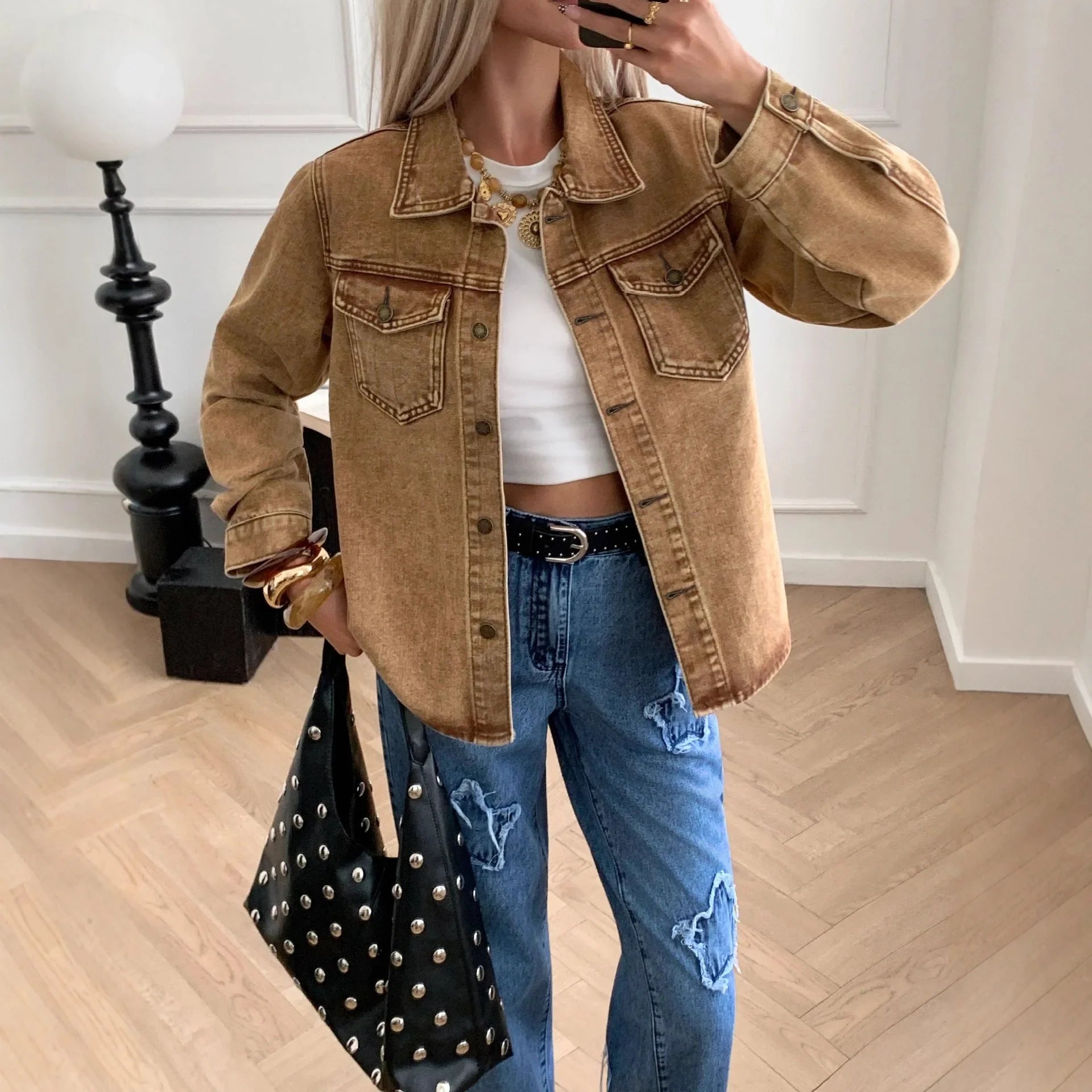 Women's Mineral Wash Denim Jacket – Single Breasted Snap Button Casual