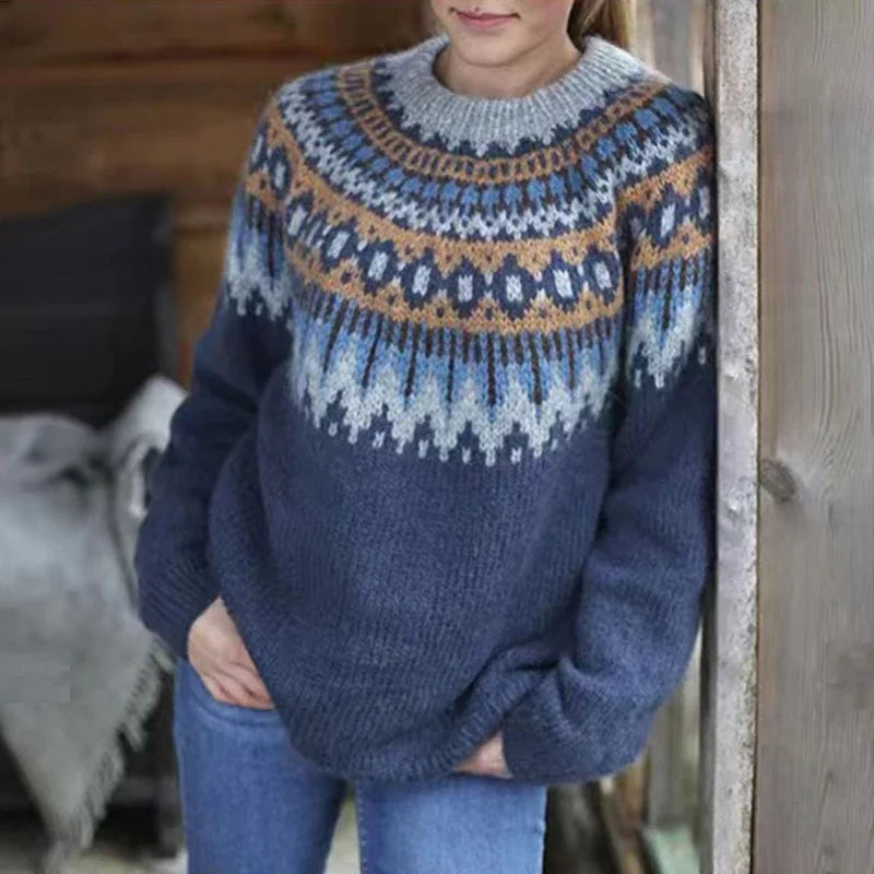 Women's Nordic Pattern Crew Neck Sweater – Long Sleeve Knit Casual