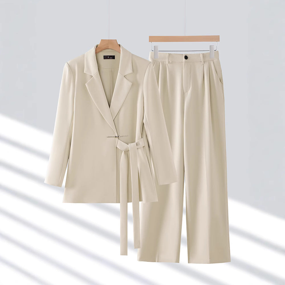 Women's Notch Lapel Two Piece Blazer Trouser Suit Set – Belted Wide Leg Office