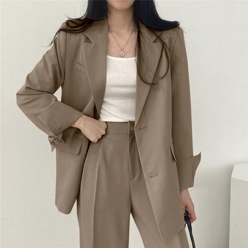 Women's Notch Lapel Two-Piece Suit Set – Single Breasted Blazer Wide Leg Pants