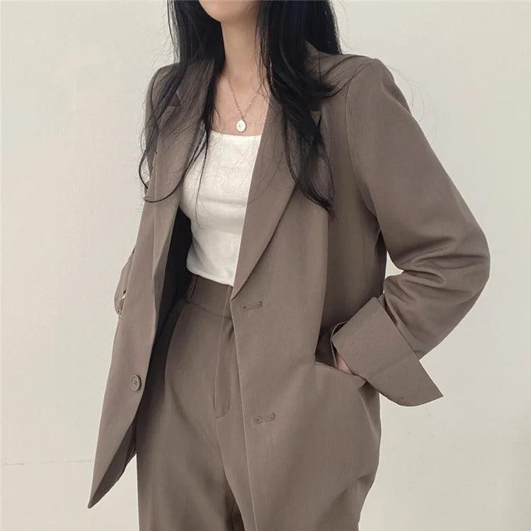 Women's Notch Lapel Two-Piece Suit Set – Single Breasted Blazer Wide Leg Pants