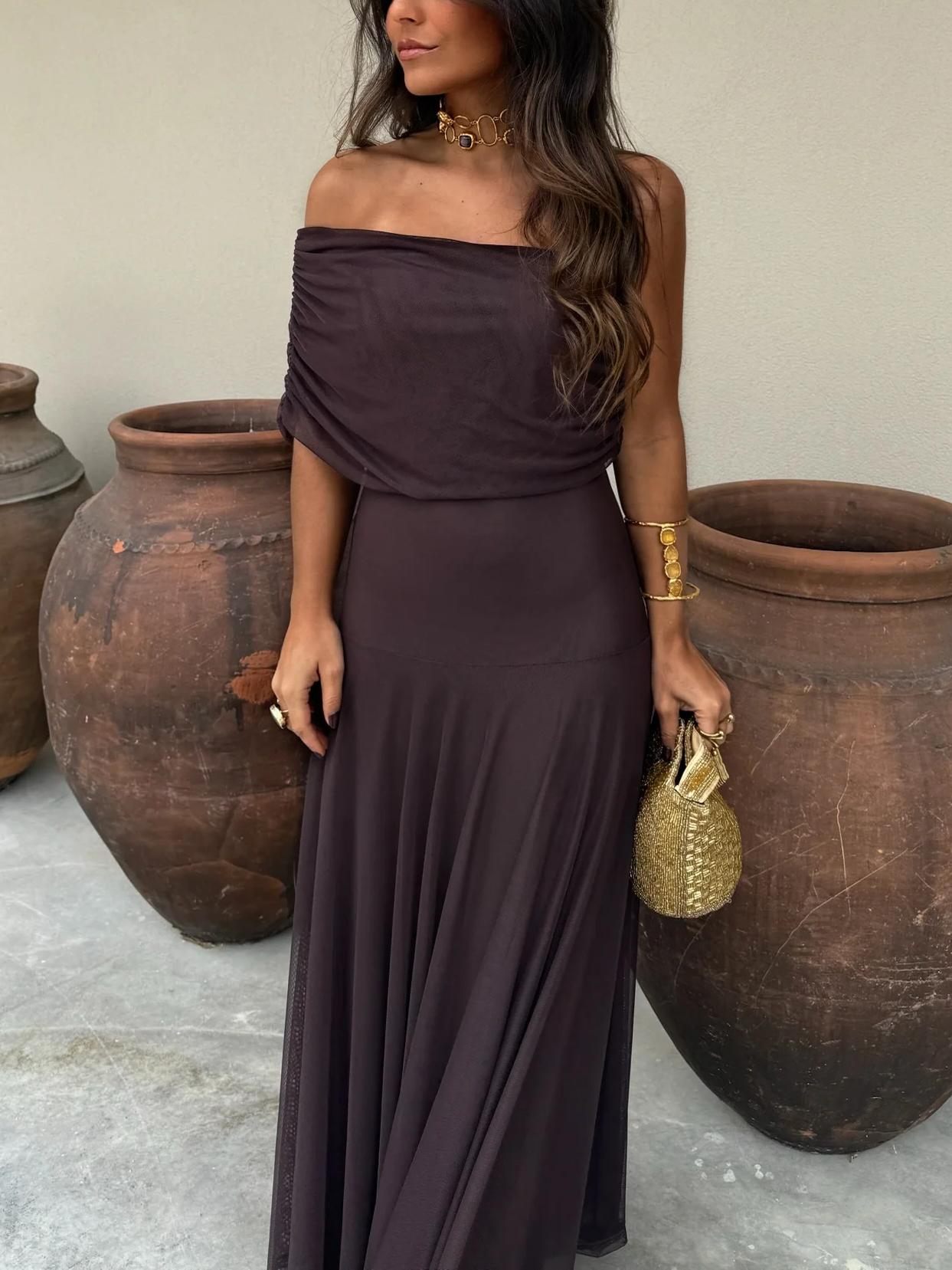 Women's Off Shoulder Sheer Overlay Maxi – Ruched Bodice Wedding Guest Dress