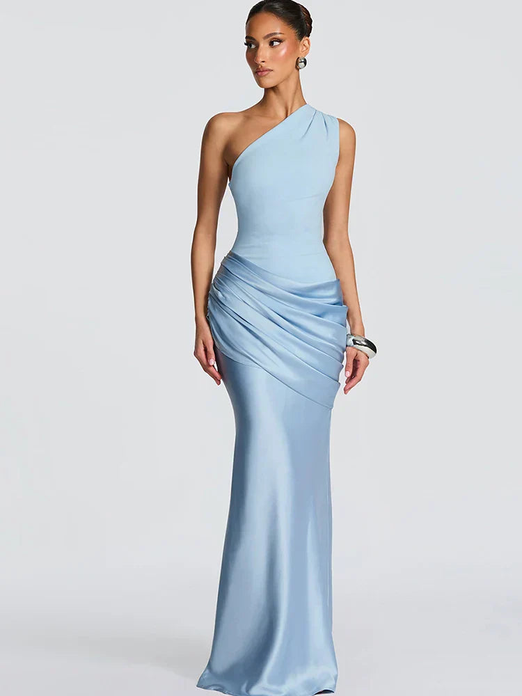 Women's One Shoulder Maxi Dress – Ruched Satin Skirt Sleeveless Wedding Guest