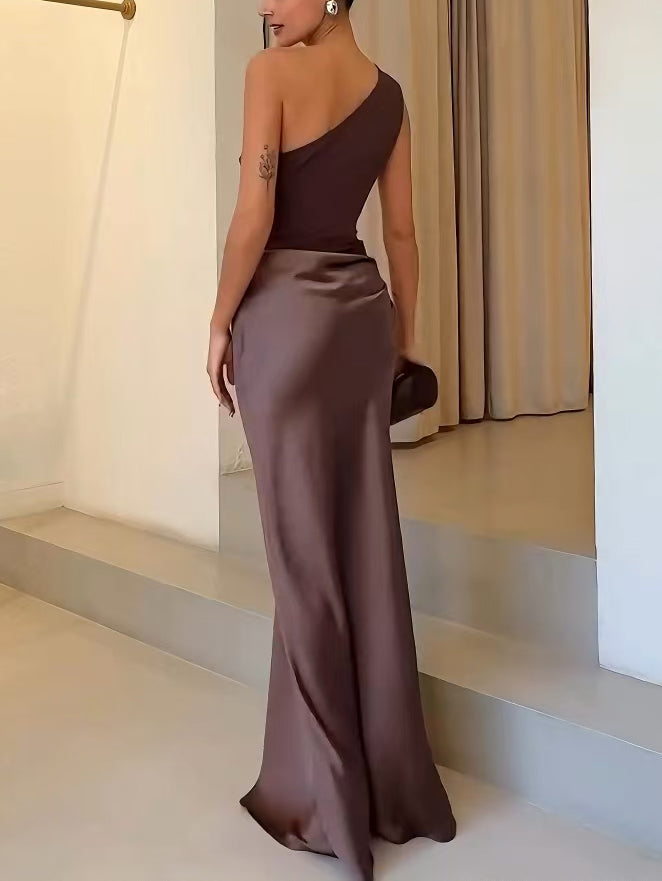Women's One Shoulder Maxi – Ruched Bodice Satin Skirt Formal Evening Dress