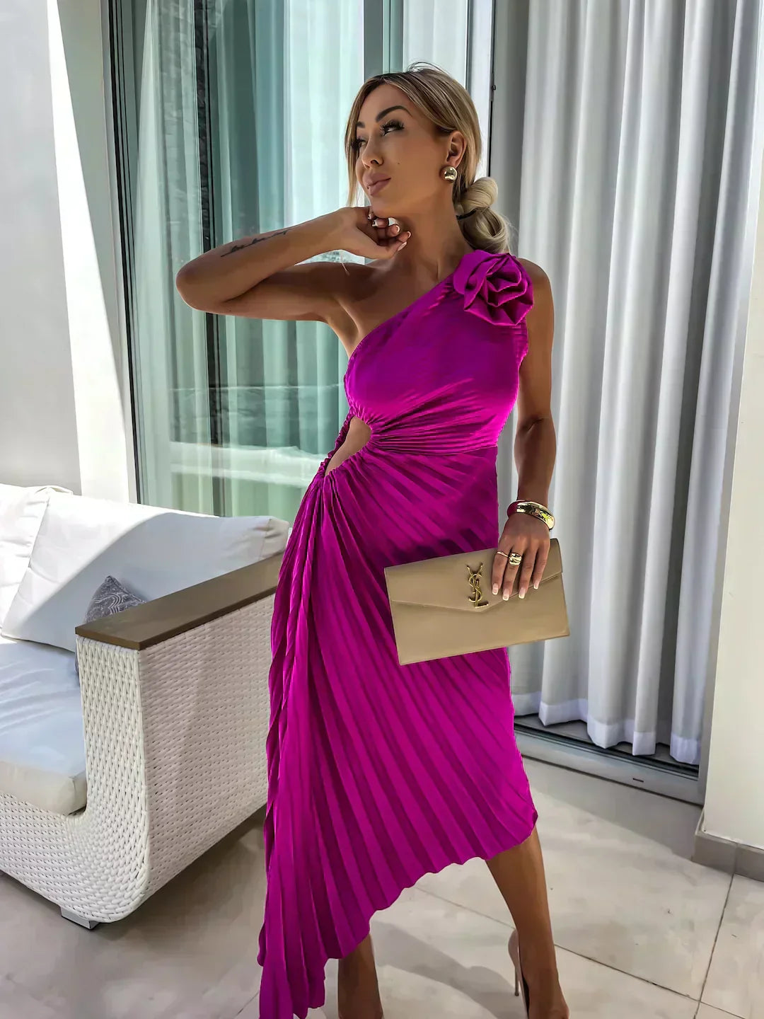 Women's One Shoulder Pleated Midi – Rosette Ruched Wedding Guest Dress