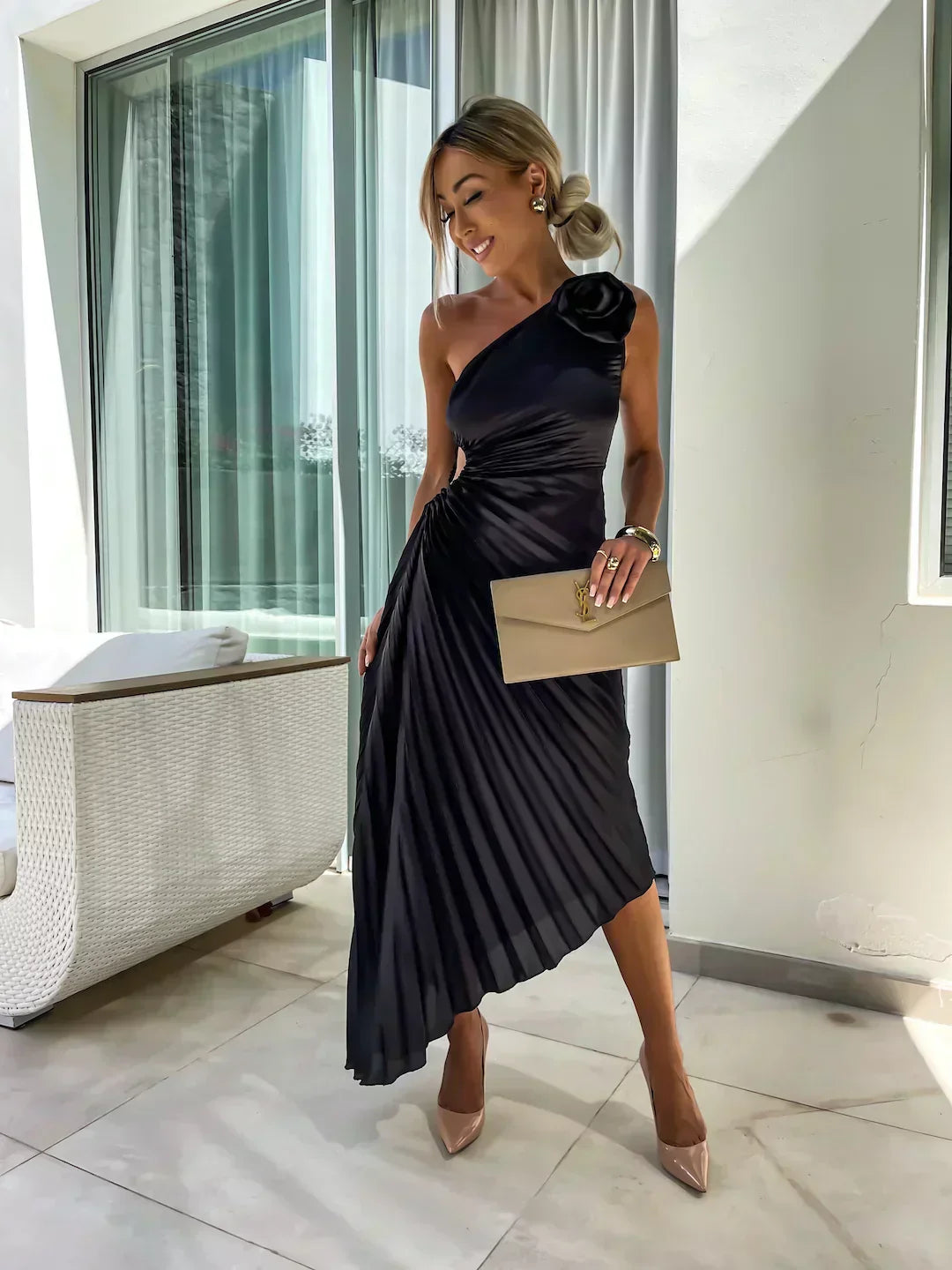 Women's One Shoulder Pleated Midi – Rosette Ruched Wedding Guest Dress