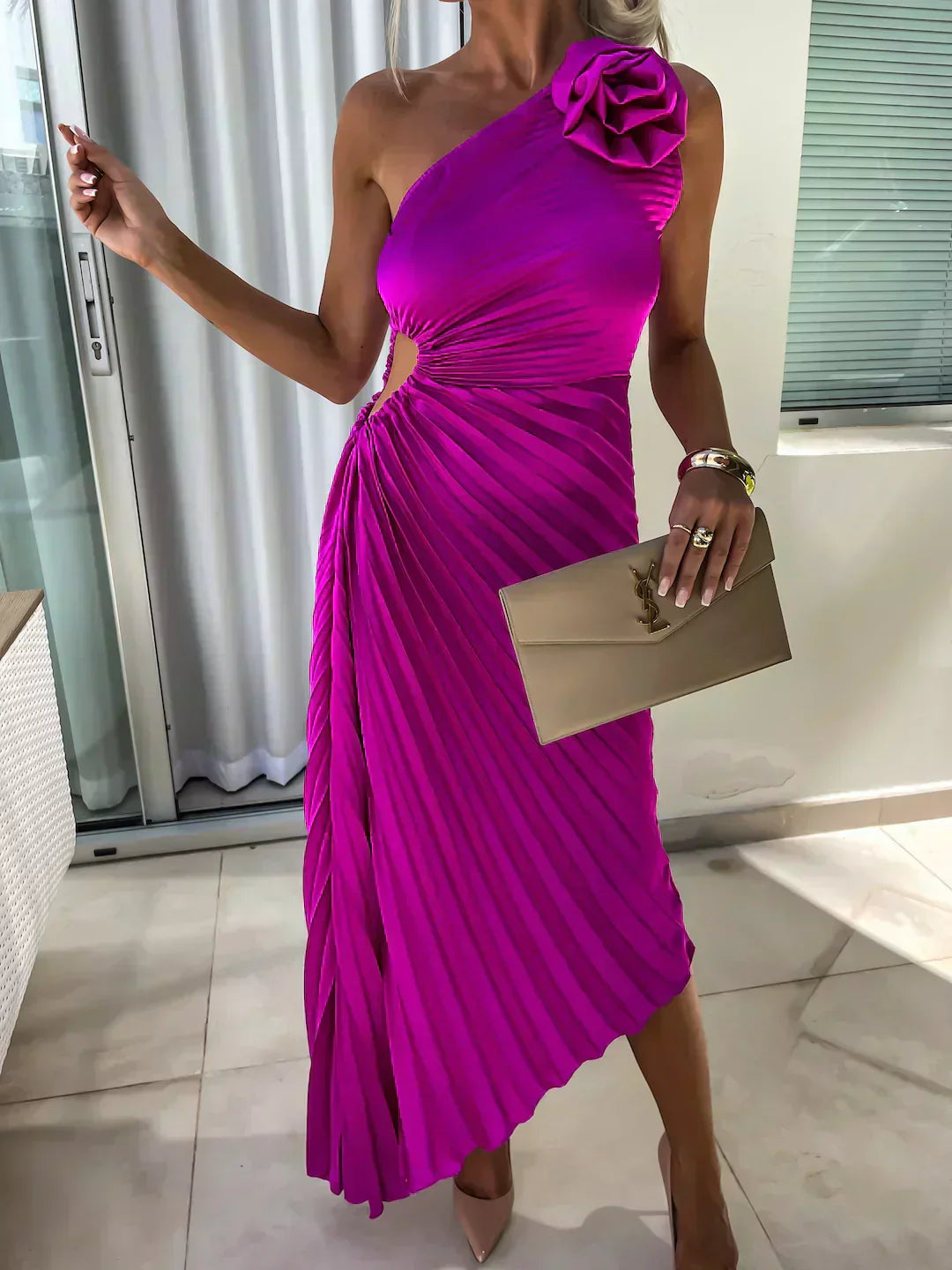Women's One Shoulder Pleated Midi – Rosette Ruched Wedding Guest Dress