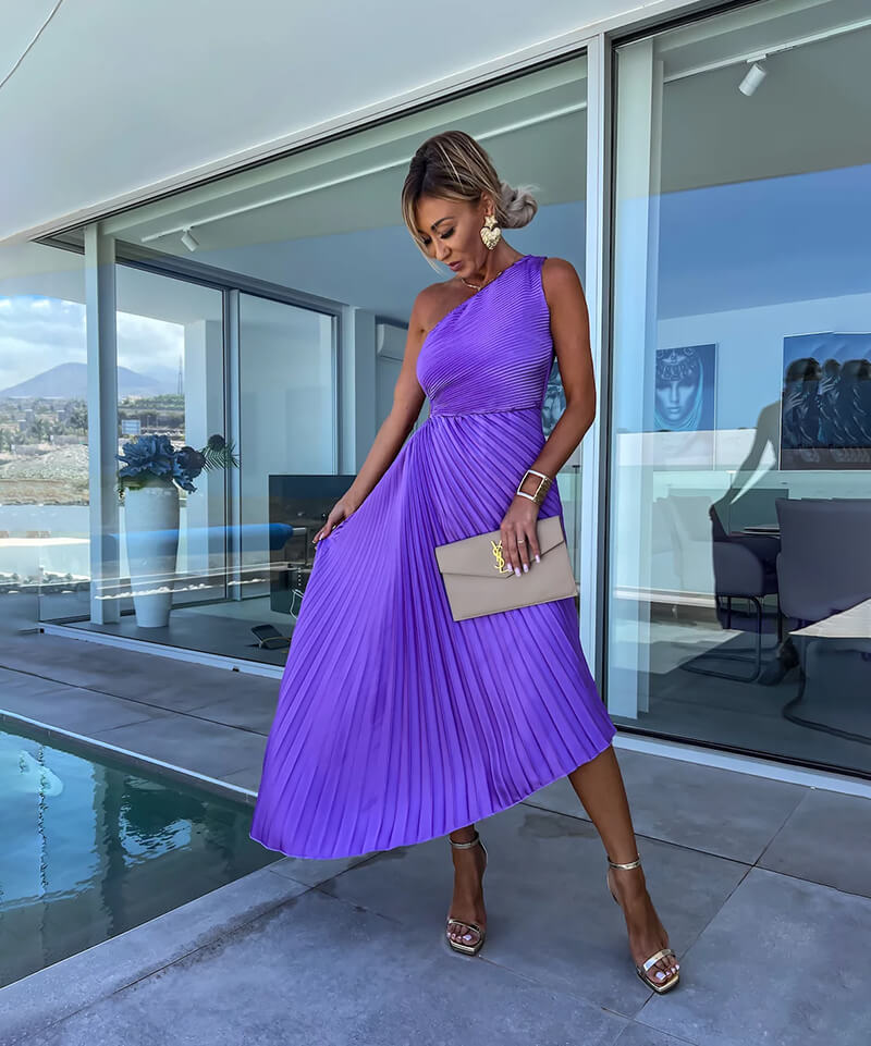 Women's Solid One Shoulder Pleated Midi – Ruched Waist Asymmetric Wedding Guest Dress