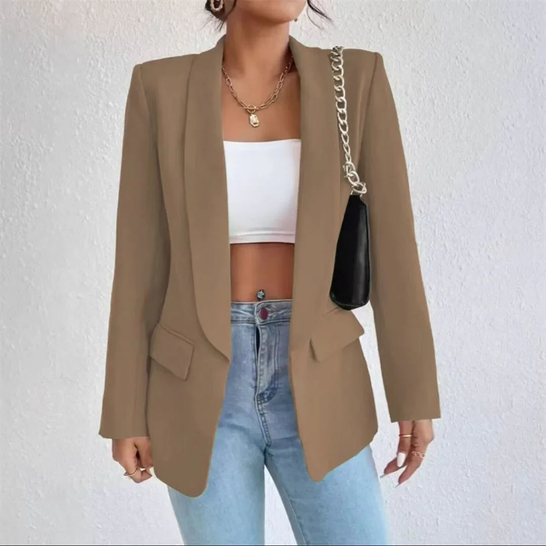 Women's Open Front Shawl Collar Blazer – Flap Pocket Long Sleeve Work Jacket