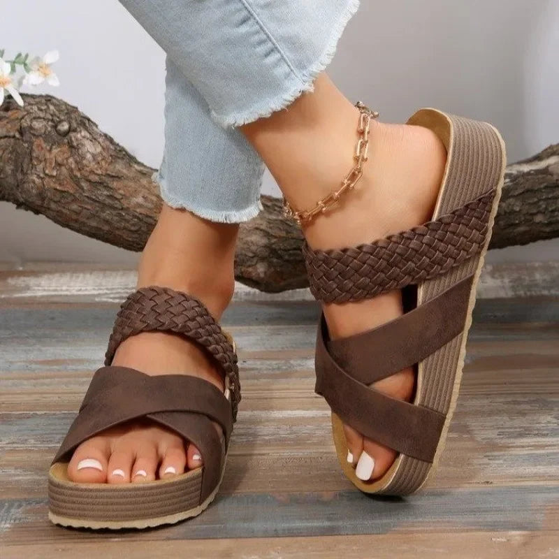 Women's Open Toe Cross Strap Platform Slide Sandals – Braided Band Summer