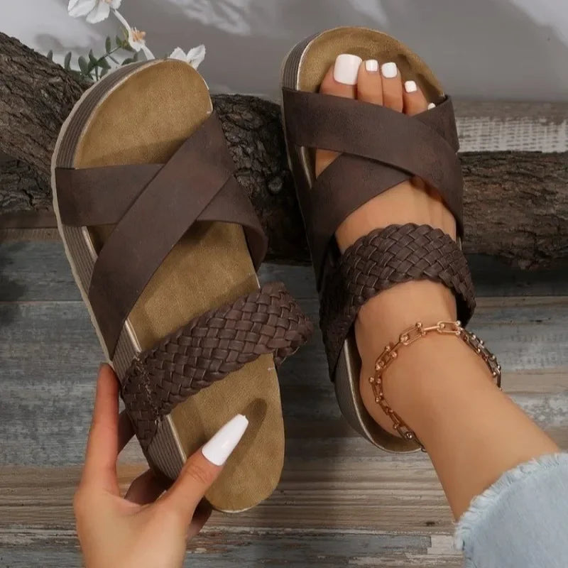 Women's Open Toe Cross Strap Platform Slide Sandals – Braided Band Summer