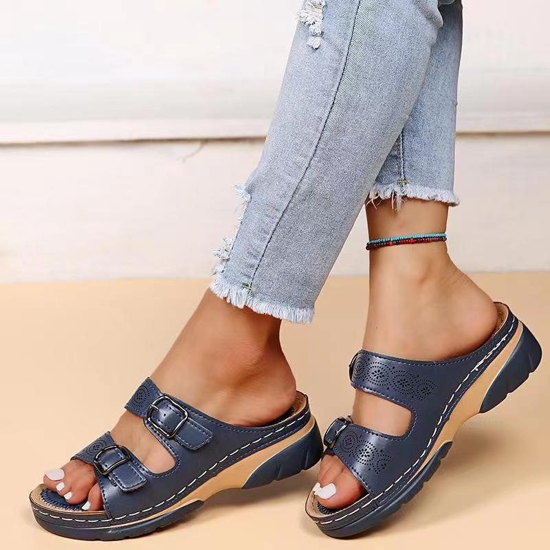 Women's Open Toe Double Buckle Cutout Mule Sandals – Platform Slip On Summer