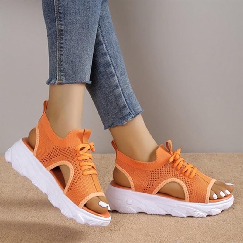 Women's Open Toe Platform Sandals – Lace Up Knit Upper Chunky Sole Casual