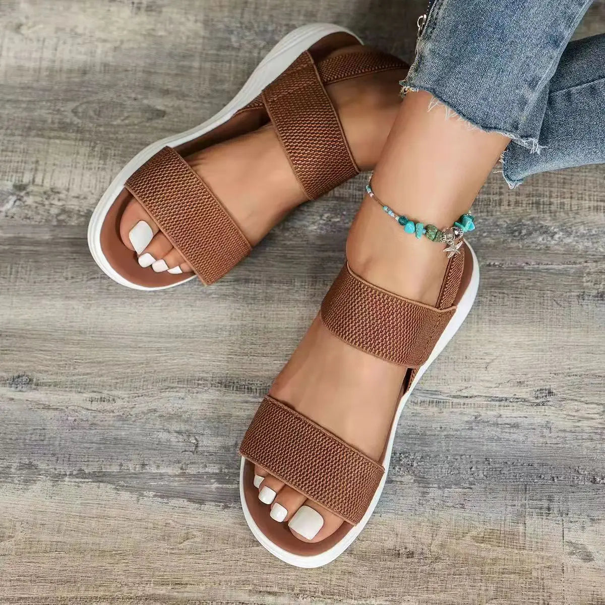 Women's Open Toe Stretch Strap Flat Sandals – Knit Band Slingback Casual