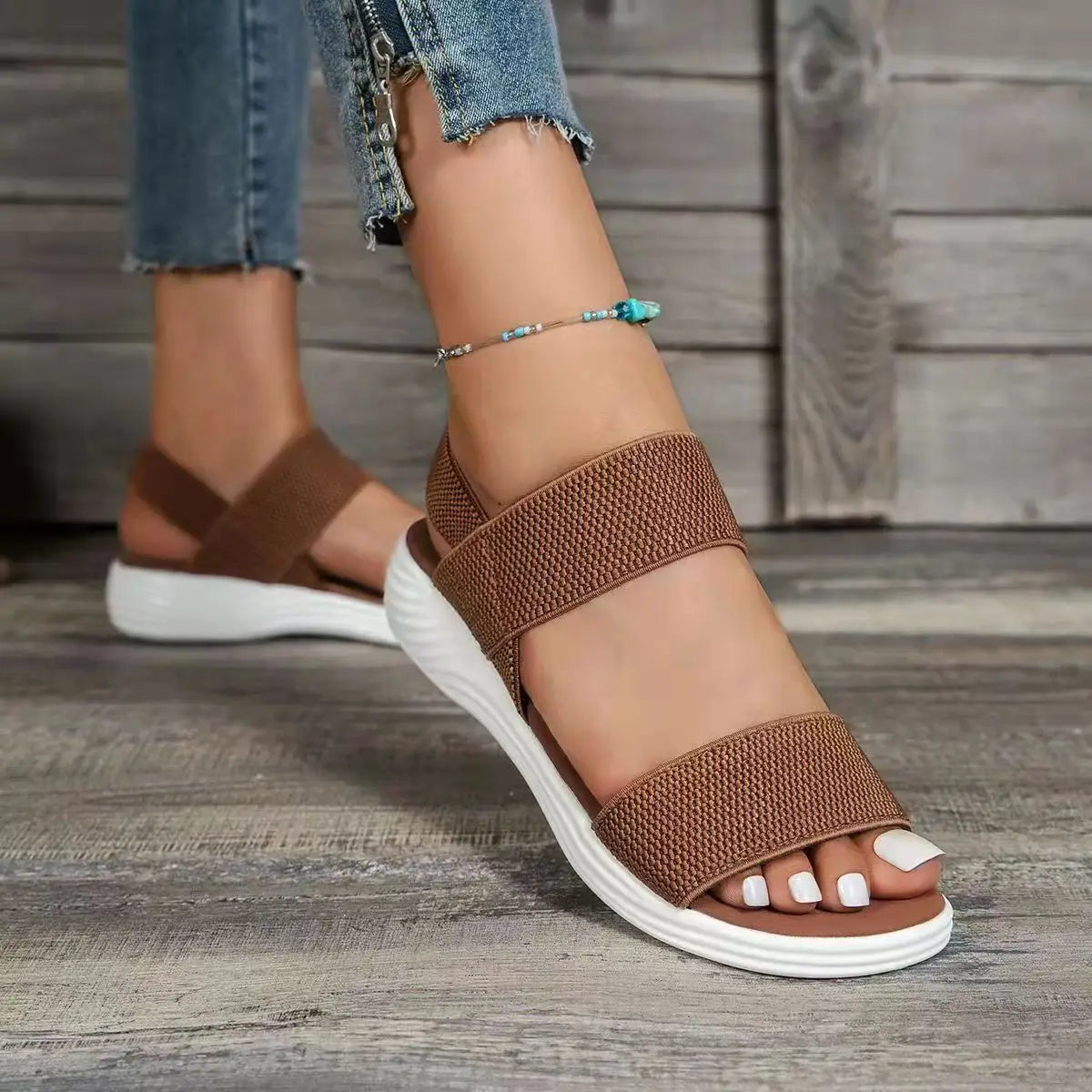 Women's Open Toe Stretch Strap Flat Sandals – Knit Band Slingback Casual
