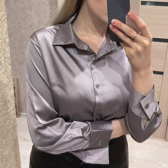 Women's Oversized Button Down Shirt – Point Collar Long Sleeve Casual
