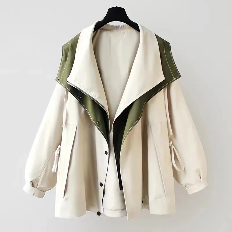 Women's Oversized Hooded Windbreaker Jacket – Two Tone Zip Drawstring Cuff