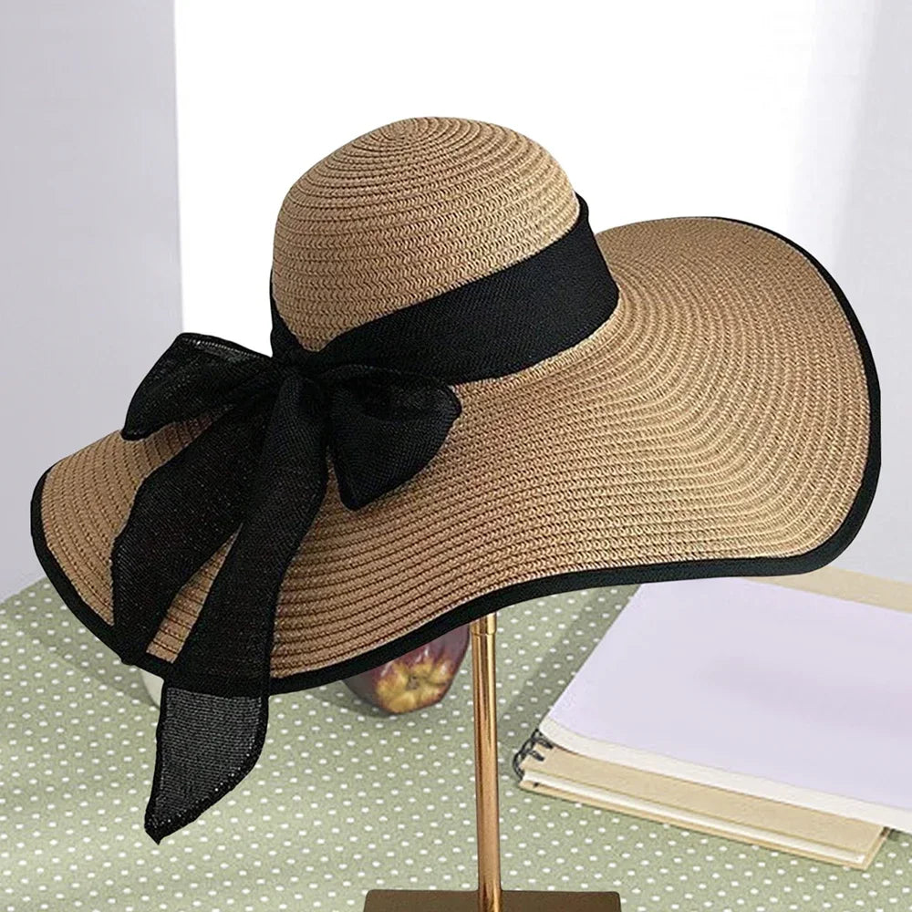 Women's Oversized Straw Beach Hat – Wide Brim Ribbon Bow Summer
