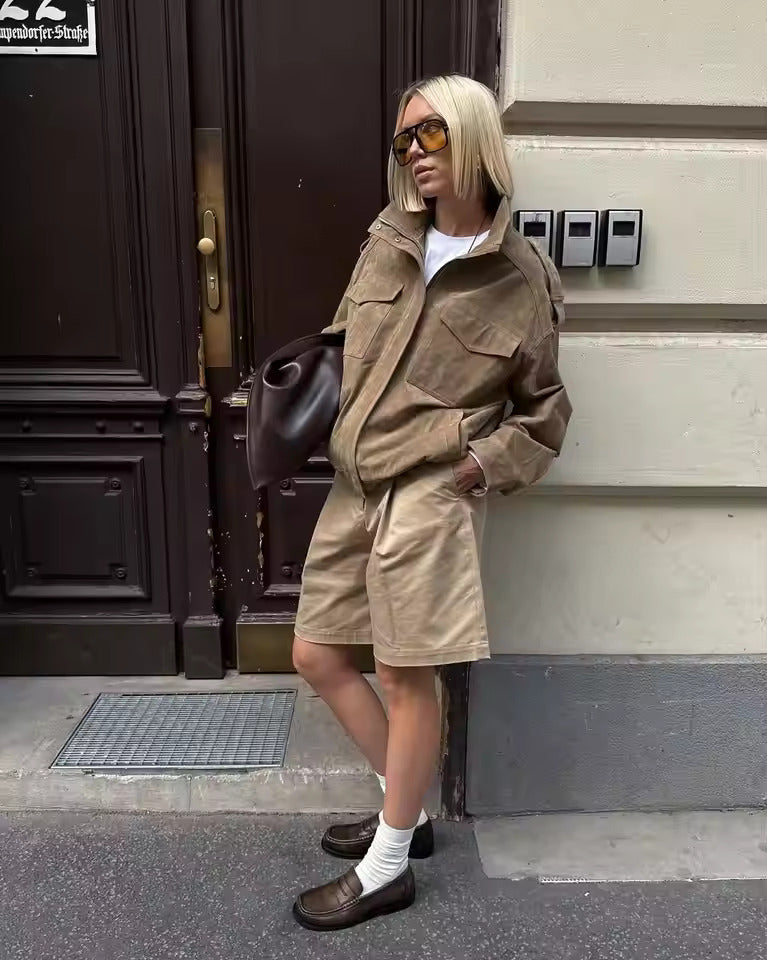 Women's Oversized Utility Jacket – Stand Collar Zip Front Flap Pocket Casual