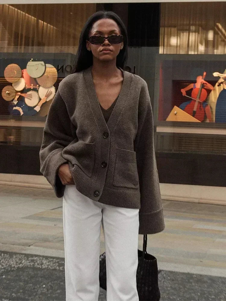 Women's Oversized V-Neck Cardigan – Button Front Patch Pocket Knit Sweater