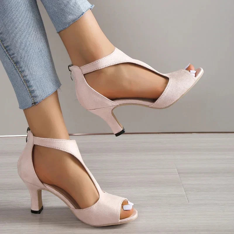 Women's Peep Toe Cut-Out Sandals – Block Heel Zip Back Summer Party