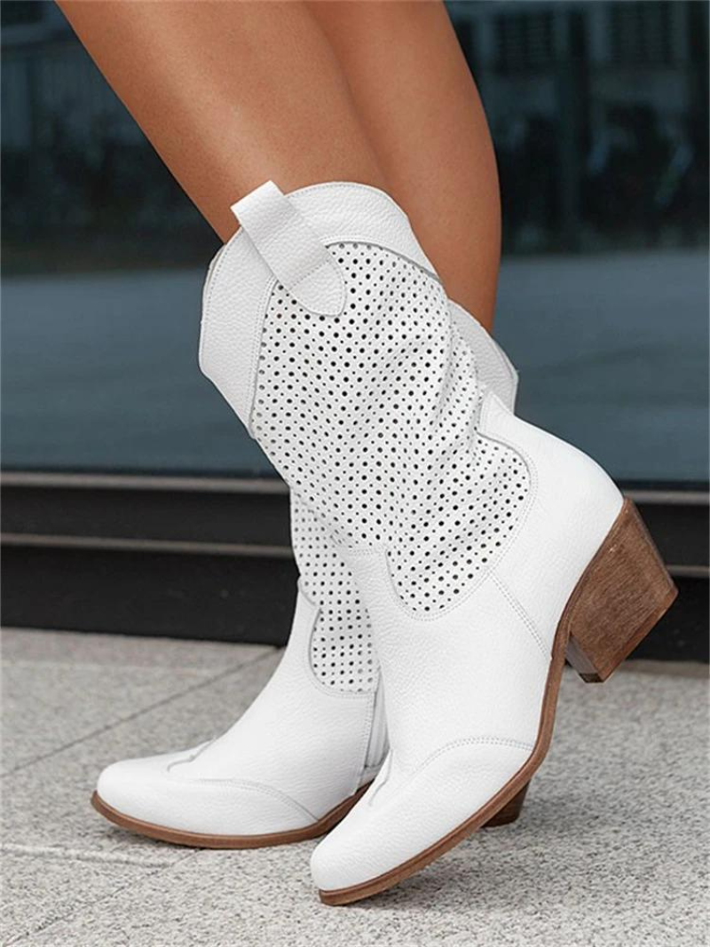 Women's Perforated Western Mid-Calf Boots – Block Heel Zip Casual