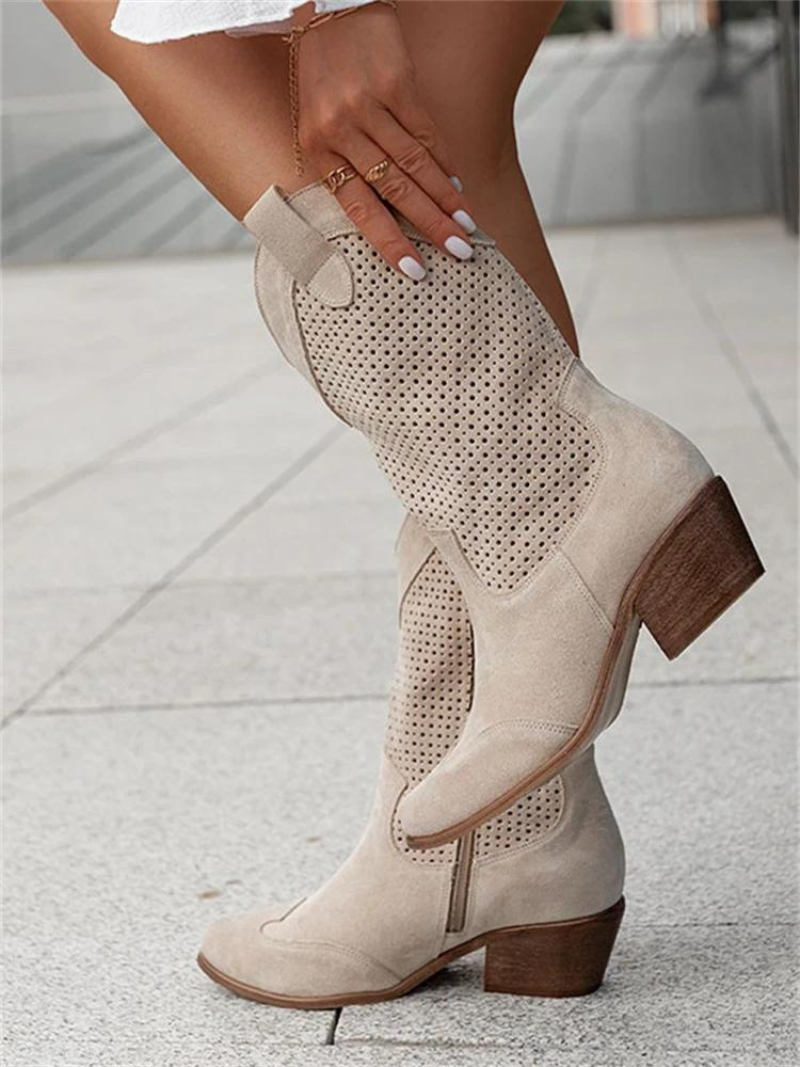 Women's Perforated Western Mid-Calf Boots – Block Heel Zip Casual