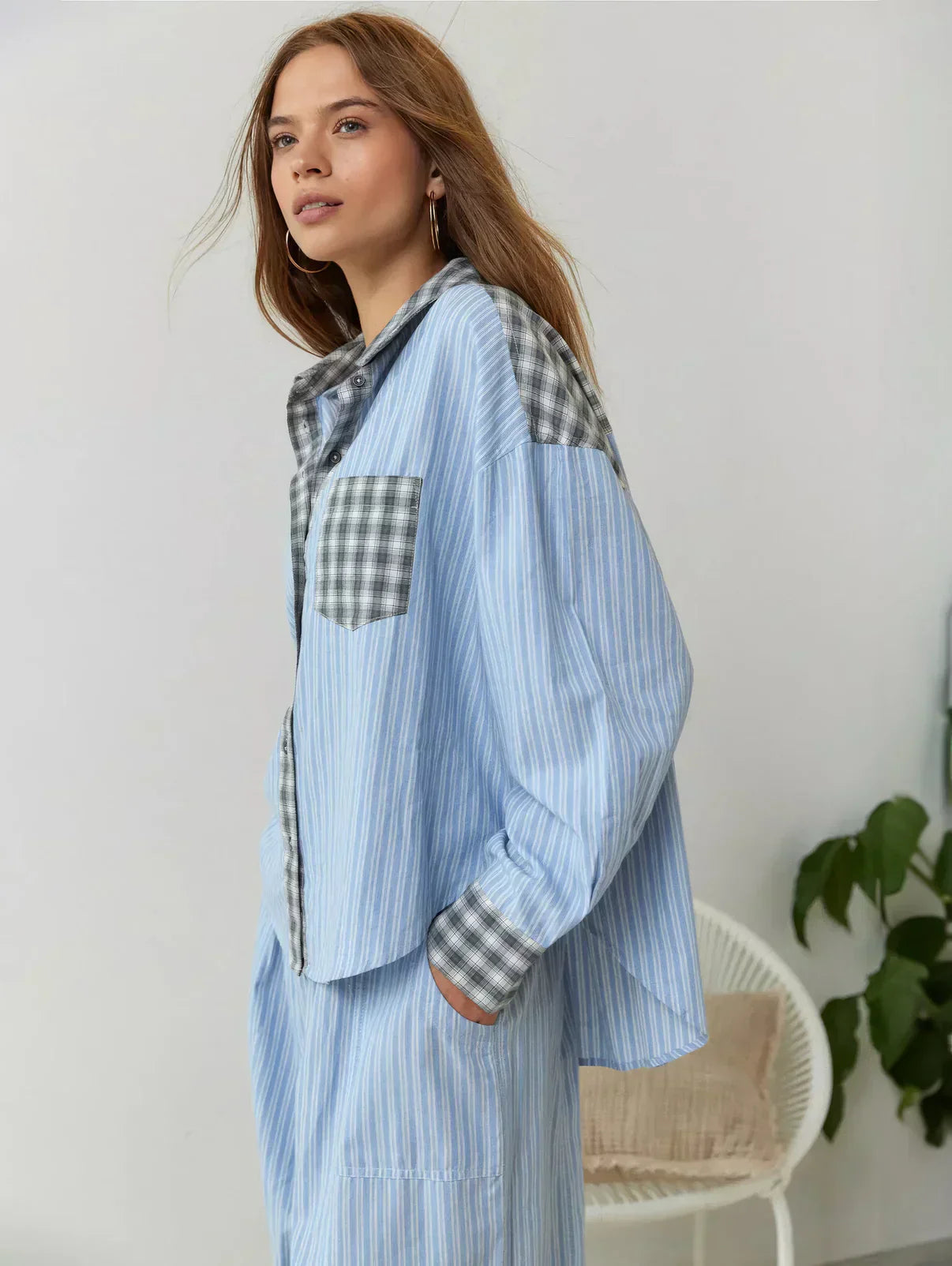 Women's Plaid Stripe Two Piece Pajama Set – Mixed Print Button Front Nightwear