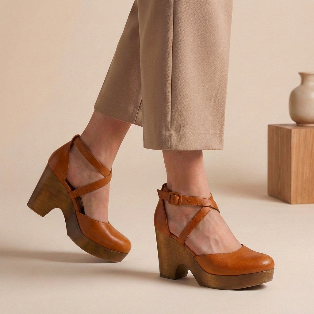 Women's Platform Block Heel Shoes – Cross Ankle Strap Buckle Closed Toe