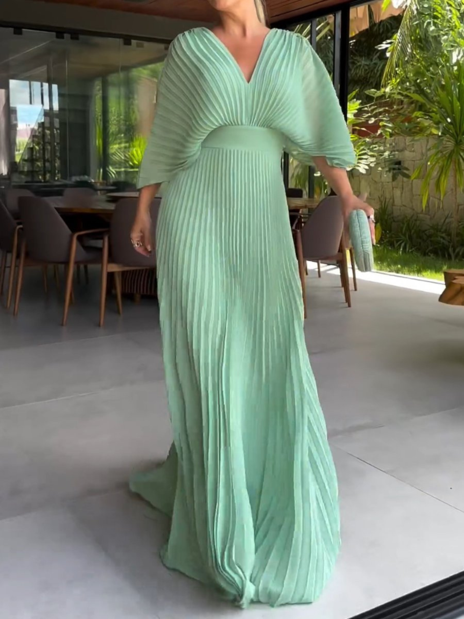 Women's Pleated Batwing Long Sleeve Maxi – V Neck Wedding Guest Dress