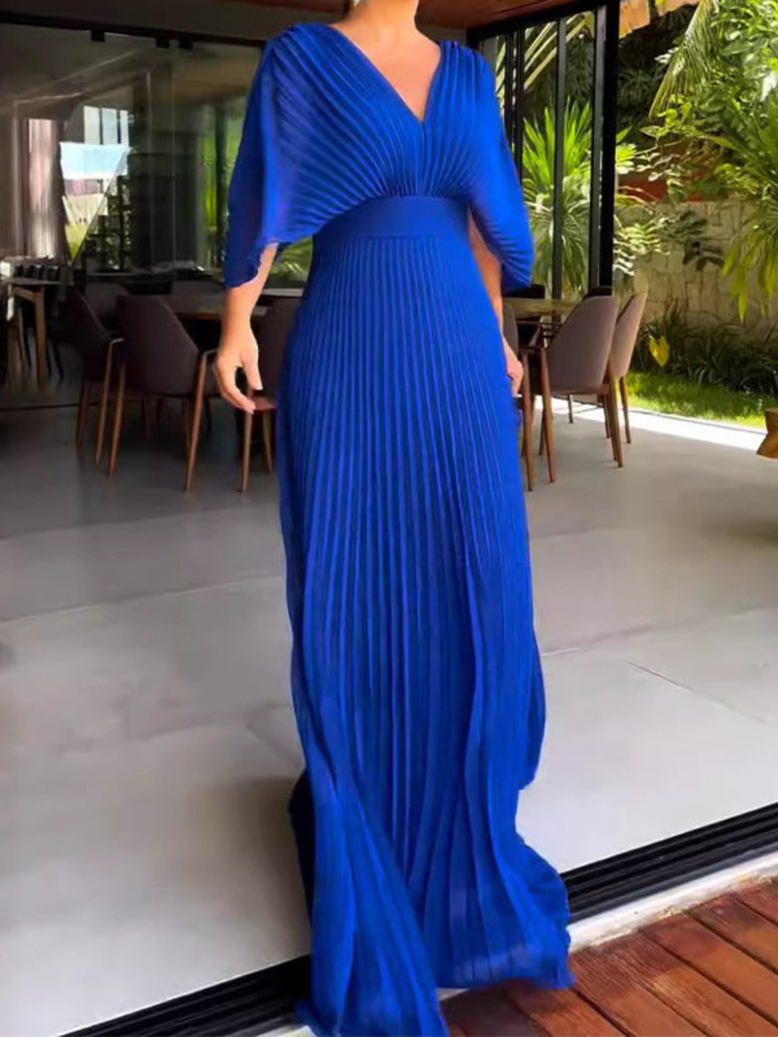 Women's Pleated Batwing Long Sleeve Maxi – V Neck Wedding Guest Dress