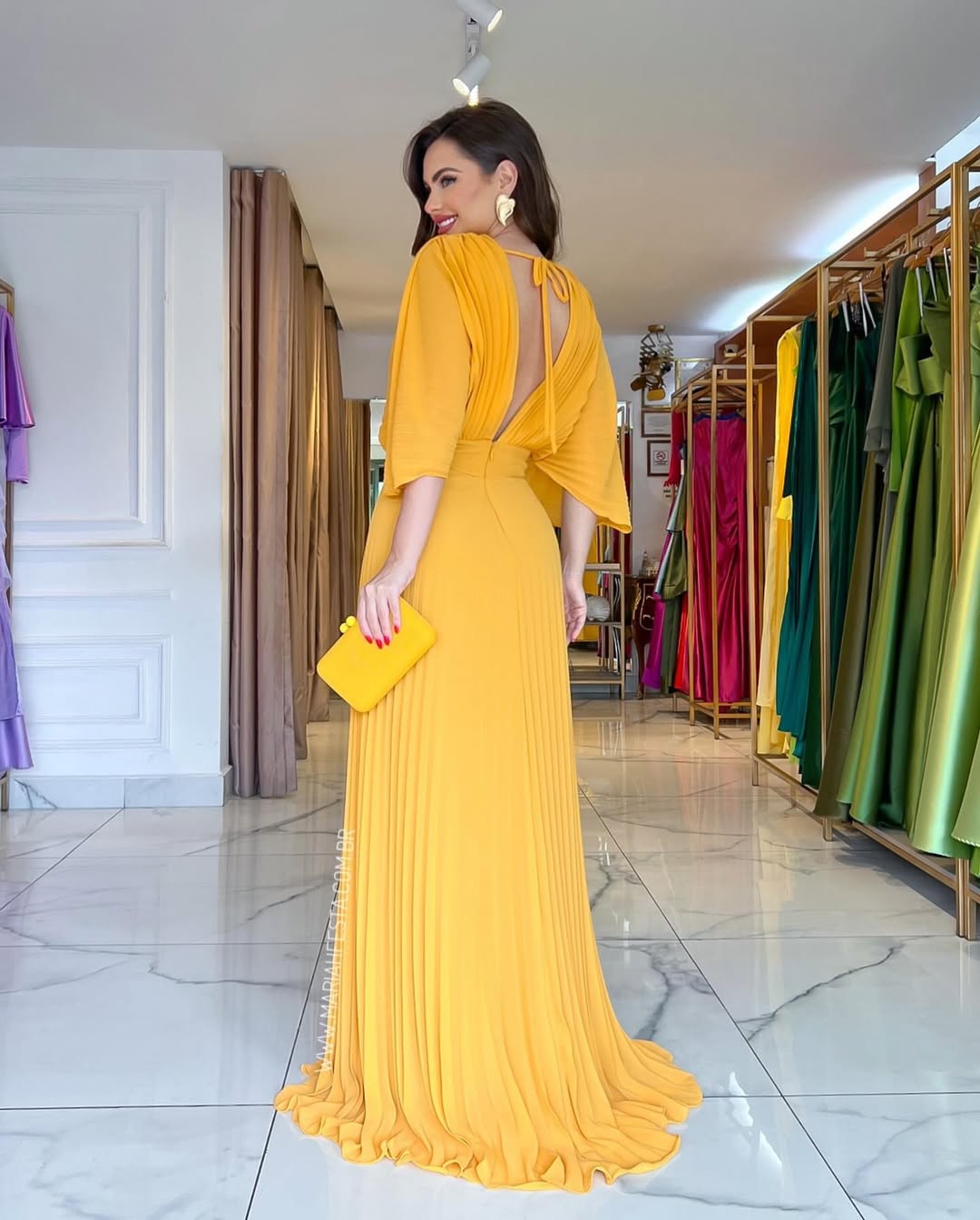 Women's Pleated Batwing Long Sleeve Maxi – V Neck Wedding Guest Dress