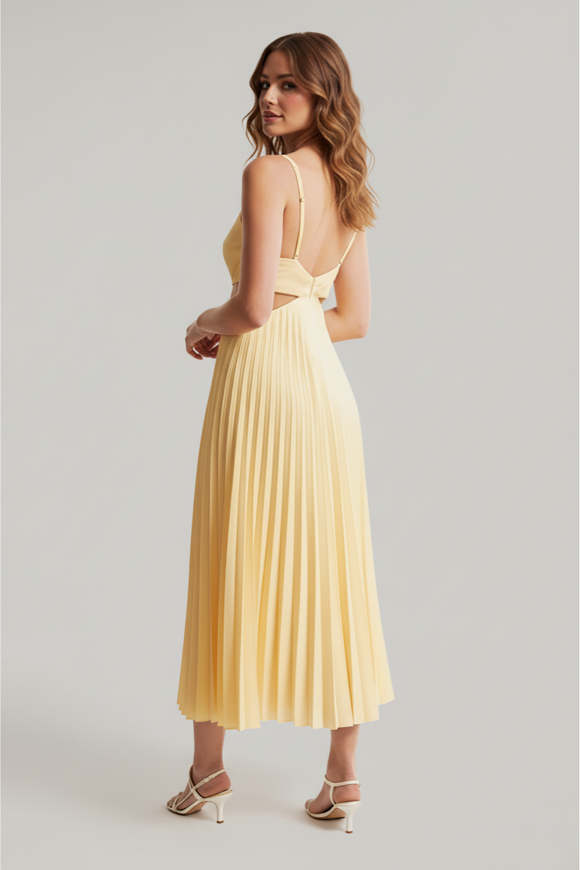 Women's Pleated Cut Out Midi Dress – V Neck Ruched Front Wedding Guest