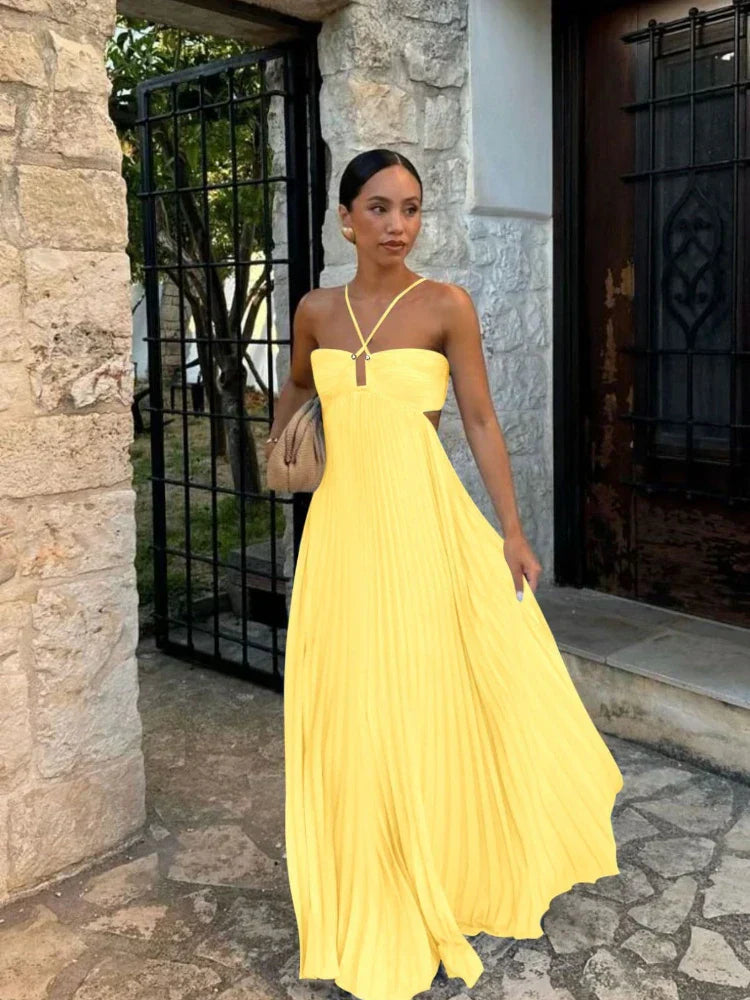 Women's Pleated Halter Maxi – Cut Out Ruched Backless Wedding Guest Dress