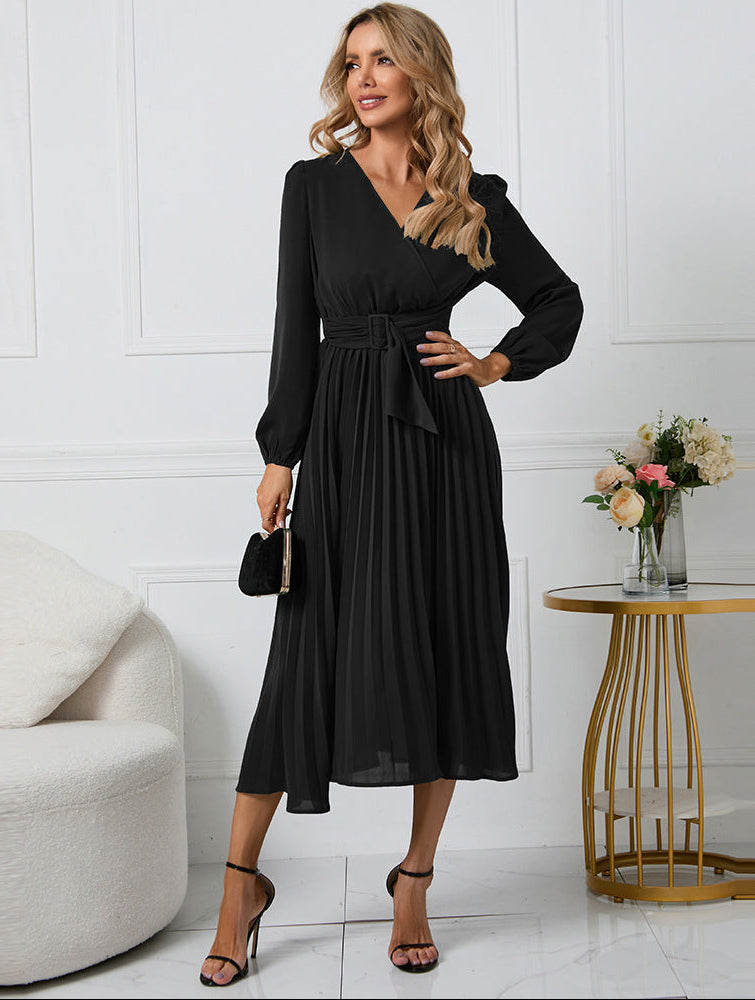 Women's Pleated Midi Dress – V Neck Long Sleeve Belted Cocktail Wedding Guest