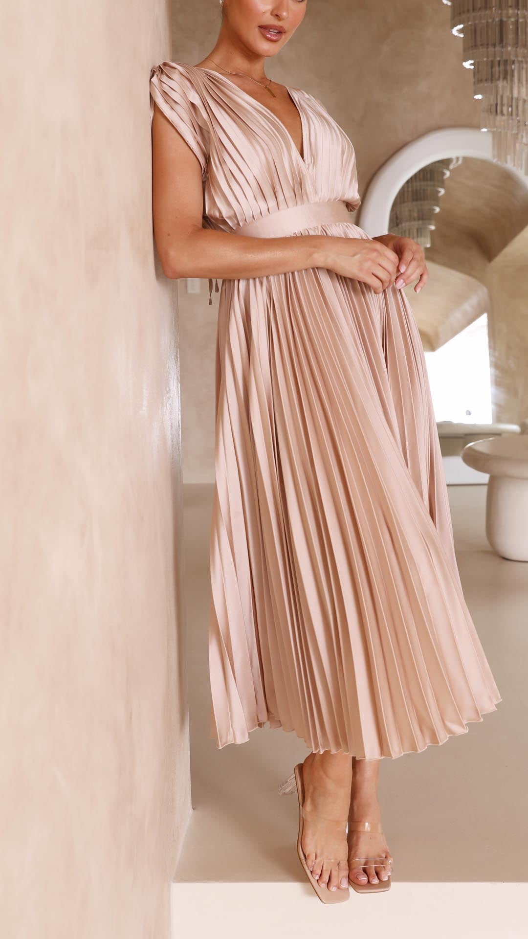 Women's Pleated V Neck Cap Sleeve Midi – Fitted Waist Wedding Guest Dress