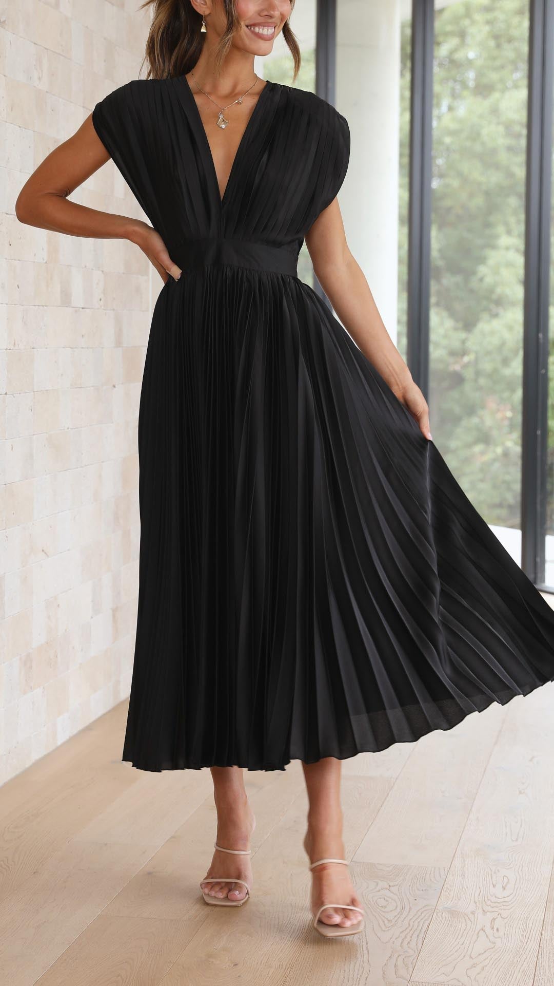 Women's Pleated V Neck Cap Sleeve Midi – Fitted Waist Wedding Guest Dress